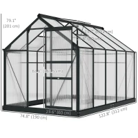 Outsunny 6' x 10' x 6.6' Polycarbonate Greenhouse, Walk-In Green House Kit Garden, Plants Grow, Galvanized Sheet Aluminum Frame with Rain Gutter, Vents and Sliding Door, Grey(m-3)