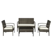 Outsunny 4 Pieces Patio Furniture Sets with A Loveseat, Two Armchairs and A Coffee Table, Outdoor Conversation Set with Glass Top Table, Grey PE Rattan and Cream White Cushions(m-2)