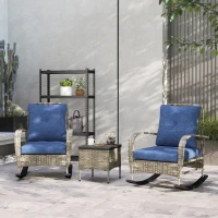 Outsunny 3 Piece Wicker Patio Furniture Set, Outdoor PE Rattan Rocking Chairs with Coffee Table, Cushions for Porch, Gray(m-10)