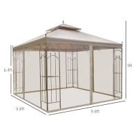 Outsunny 10' x 10' Patio Gazebo with Corner Frame Shelves, Double Roof Outdoor Gazebo Canopy Shelter with Netting for Patio, Wedding, Catering & Events, Brown(m-3)