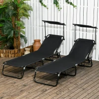 Outsunny 2 Piece Folding Outdoor Chaise Lounges, Pool, Sun, Tanning Chairs with Reclining Back, Sunshade for Beach, Patio, Black(m-1)