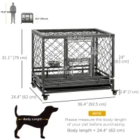 PawHut Heavy Duty Dog Crate w/ Wheels, Openable Top, Removable Tray, Bowl, for Large Dogs-Sized Dogs, 36.4" x 24.4" x 31.1"(m-3)