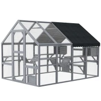 PawHut Wooden Catio Outdoor Cat Enclosure with Waterproof Cover, 2 Condos, 4 Platforms, Bridge, Doors, Gray(m-1)