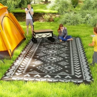 Outsunny Reversible Outdoor Rug, Waterproof Plastic Straw with Carry Bag, 9' x 18', Black & Gray Rhombus Patchwork(m-2)