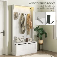 HOMCOM 3-In-1 Entryway Bench with LED Lights and Coat Rack, Hall Tree with Bench and Shoe Storage, 5 Hooks for Hallway White(m-6)