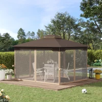 Outsunny 10' x 12' Patio Gazebo Outdoor Canopy Shelter with Double Tier Roof and Nettings for Garden Lawn Backyard Deck, Brown(m-2)