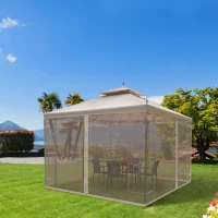 Outsunny 10' x 10' Patio Gazebo with Corner Frame Shelves, Double Roof Outdoor Gazebo Canopy Shelter with Netting for Patio, Wedding, Catering & Events, Brown(m-2)