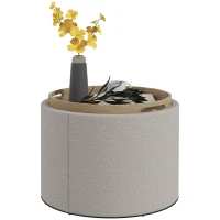 HOMCOM Round Storage Ottoman Coffee Table with Flip Top Tray, Linen Fabric Upholstered Footstool with Hidden Compartment(m-1)