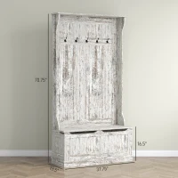 HOMCOM 3-In-1 Entryway Bench with Coat Rack, Hall Tree with Bench and Shoe Storage, 5 Hooks for Hallway Distressed White(m-3)