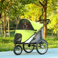PawHut 3 Wheels Dog Stroller w/ One-Hand Fold, Rubber Wheels, Storage Bag, Soft Cushion for Small & Medium Dogs Yellowish Green(m-10)