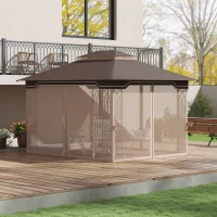 Outsunny 10' x 12' Patio Gazebo Outdoor Canopy Shelter with Double Tier Roof and Nettings for Garden Lawn Backyard Deck, Brown(m-10)
