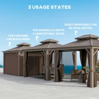 Outsunny 10' x 12' Hardtop Gazebo with Curtains and Netting, Permanent Pavilion Metal Double Roof Gazebo Canopy with Aluminum Frame and Hooks, for Garden, Patio, Backyard, Dark Brown(m-8)