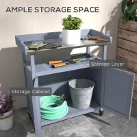 Outsunny Outdoor Wooden Potting Bench with Storage Cabinet, Aluminum Tabletop, Rubber Wheels for Backyard, Patio, Balcony, Grey(m-6)