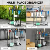 Outsunny 3-Tier Yard Tool Tower Rack, Garden Tool Organizer with Hooks for Long-Handled Rakes, Shovel, Broom, Black(m-7)