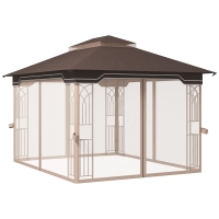 Outsunny 10' x 12' Patio Gazebo Outdoor Canopy Shelter with Double Tier Roof and Nettings for Garden Lawn Backyard Deck, Brown