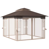Outsunny 10' x 12' Patio Gazebo Outdoor Canopy Shelter with Double Tier Roof and Nettings for Garden Lawn Backyard Deck, Brown(m-1)