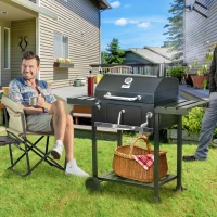 Outsunny Charcoal BBQ Grill Smoker with Adjustable Charcoal Pan and Galvanised Steel Shell, Barbecue Grill Trolley with Storage(m-1)