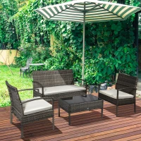 Outsunny 4 Pieces Patio Furniture Sets with A Loveseat, Two Armchairs and A Coffee Table, Outdoor Conversation Set with Glass Top Table, Grey PE Rattan and Cream White Cushions(m-1)
