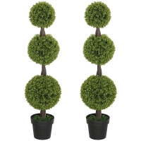 HOMCOM Set of 2 Artificial Ball Boxwood Topiary Trees, Fake Plants in Pots for Indoor Outdoor Living Room, Green