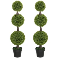 HOMCOM Set of 2 Artificial Ball Boxwood Topiary Trees, Fake Plants in Pots for Indoor Outdoor Living Room, Green(m-1)