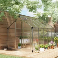 Outsunny 6' x 10' x 6.6' Polycarbonate Greenhouse, Walk-In Green House Kit Garden, Plants Grow, Galvanized Sheet Aluminum Frame with Rain Gutter, Vents and Sliding Door, Sliver(m-1)