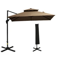 Outsunny 10ft Offset Patio Umbrella with Base, Double Top Hanging Aluminum Cantilever Umbrella with 360-degree Rotation, Easy Tilt, 8 Ribs, Crank, Cross Base, Cover, Strap, Coffee(m-11)