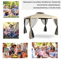 Outsunny 9.6' x 11.6' Patio Gazebo Outdoor Canopy Shelter with 2-Tier Roof and Netting, Steel Frame for Garden, Taupe(m-7)