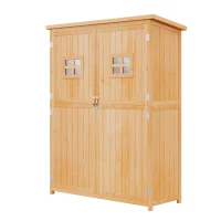 Outsunny 4x1.5ft Wooden Garden Storage Shed, Outdoor Tool Cabinet Organizer with Windows and Double Door, Nature Wood(m-2)