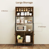 HOMCOM Baker's Rack with Power Outlet and Storage Shelves, Microwave Stand with Louvred Door Cabinets, Rustic Brown(m-5)
