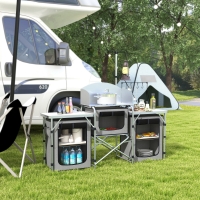 Outsunny Aluminum Camping Kitchen, Portable Folding Camping Table with Fabric Cupboards, Windshield, Bag for BBQ, Picnic, Grey