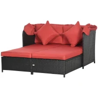 Outsunny Patio Daybed, Outdoor Wicker Double Daybed, PE Rattan Sun Lounger for 2-Person with Cushions, and Foldable Awning, for Garden, Balcony, Poolside, Red(m-11)