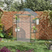 Outsunny Walk-in Greenhouse with 4 Shelves, 56" x 29" x 77" Mini Greenhouse ,Roll-Up Door, Mesh Windows for Seedling, Flowers, Plant Growing, Clear(m-8)