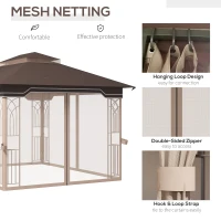 Outsunny 10' x 12' Patio Gazebo Outdoor Canopy Shelter with Double Tier Roof and Nettings for Garden Lawn Backyard Deck, Brown(m-5)