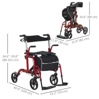 HOMCOM Rollator Walker with Seat, Folding Rolling Walker with 8" Wheels, Walker for Seniors with Adjustable Height, Red(m-3)