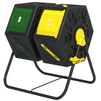 Outsunny Rotating Composter, Dual Chamber Compost Bin with 24 Vents and Steel Legs, 34.5 Gallon, Yellow and Green(m-2)