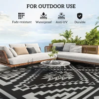 Outsunny Reversible Outdoor Rug, Waterproof Plastic Straw with Carry Bag, 9' x 18', Black & Gray Square Patchwork(m-6)