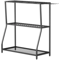 Outsunny 3-Tier Yard Tool Tower Rack, Garden Tool Organizer with Hooks for Long-Handled Rakes, Shovel, Broom, Black(m-2)