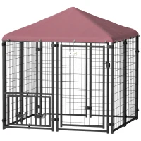 PawHut Welded Wire Outdoor Dog Kennel with 360° Rotating & 4 Levels Adjustable Bowls, Waterproof Cover, 4.6' x 4.6' x 5'(m-1)