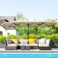 Outsunny 15ft Rectangle Patio Umbrella UPF30+ Extra Large Outdoor Umbrella with Fringe and Crank Handle, Cream White(m-2)