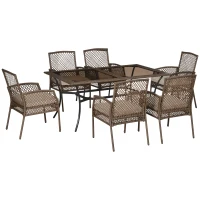 Outsunny 7 Pieces Wicker Patio Dining Set Outdoor Furniture Set with Removable Cushions, Glass Top Dining Table, PE Rattan Conversation Set for Garden Poolside Backyard, Beige(m-11)