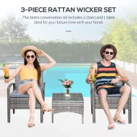 Outsunny 3 Pieces Wicker Patio Furniture Set, Rattan Bistro Set with Coffee Table and Cushions, Outdoor Conversation Set for Garden, Porch, Balcony, Grey(m-4)