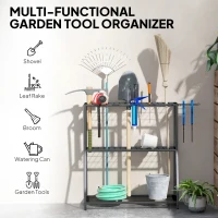 Outsunny 3-Tier Yard Tool Tower Rack, Garden Tool Organizer with Hooks for Long-Handled Rakes, Shovel, Broom, Black(m-5)