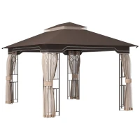 Outsunny 10' x 12' Patio Gazebo Outdoor Canopy Shelter with Double Tier Roof and Nettings for Garden Lawn Backyard Deck, Brown(m-11)