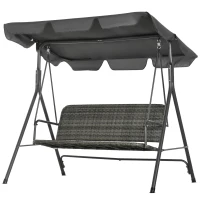 Outsunny 3 Seater Rattan Outdoor Patio Swing with Adjustable Canopy and Stand for Garden Porck Backyard, Grey(m-2)