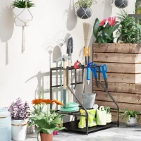 Outsunny 3-Tier Yard Tool Tower Rack, Garden Tool Organizer with Hooks for Long-Handled Rakes, Shovel, Broom, Black(m-9)