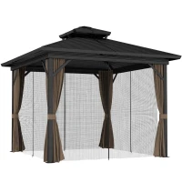 Outsunny 10' x 10' Hardtop Gazebo with Aluminum Frame, Metal Roof Gazebo Canopy w/ Hook, Curtains included, Dark Brown(m-11)