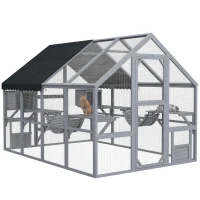 PawHut Wooden Catio Outdoor Cat Enclosure with Waterproof Cover, 2 Condos, 4 Platforms, Bridge, Doors, Gray(m-11)