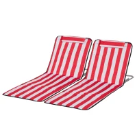 Outsunny Set of 2 Beach Lounge Chair Sun Lounger, Folding Ground Beach Mat w/ Adjustable Back, Steel Frame, Head Pillow and Carry Bag for Backyard Lakeside, Red and White(m-11)