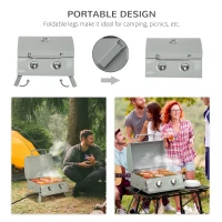 Outsunny 2 Burner Propane Gas Grill, Portable Tabletop BBQ with Foldable Legs, Lid, for Camping, Picnic, Silver(m-5)