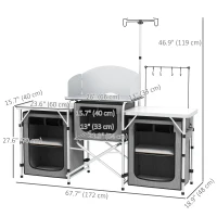 Outsunny Aluminum Camping Kitchen, Portable Folding Camping Table with Fabric Cupboards, Windshield, Bag for BBQ, Picnic, Grey(m-3)